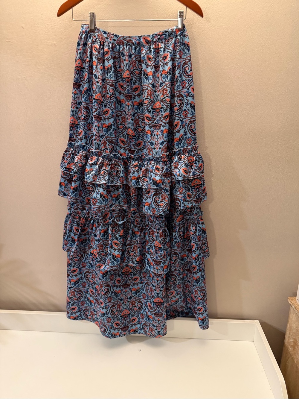 Cynthia Fisher Blue Paisley Tiered Ruffle Maxi Skirt Womens Boho Elastic Waist - Picture 3 of 5